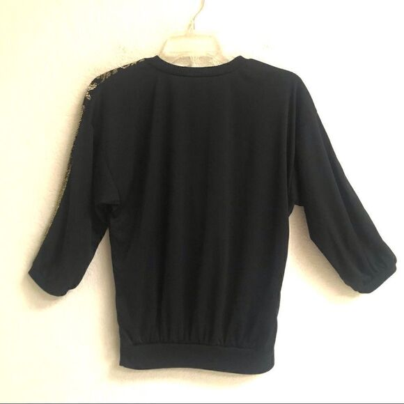 Vintage Retro boho gold metallic & black V-neck 3/4 sleeve blouse M - Picture 5 of 10